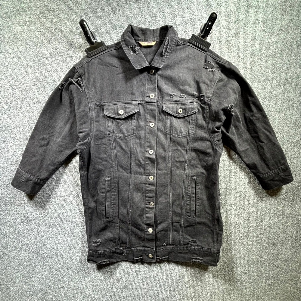 Highway Jeans Trucker Jacket Women XL Black Denim Cotton Distressed Button Front